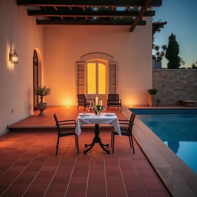 Terrasse d'une villa privée au crépuscule avec zellige terracotta et table dressée à la bougie