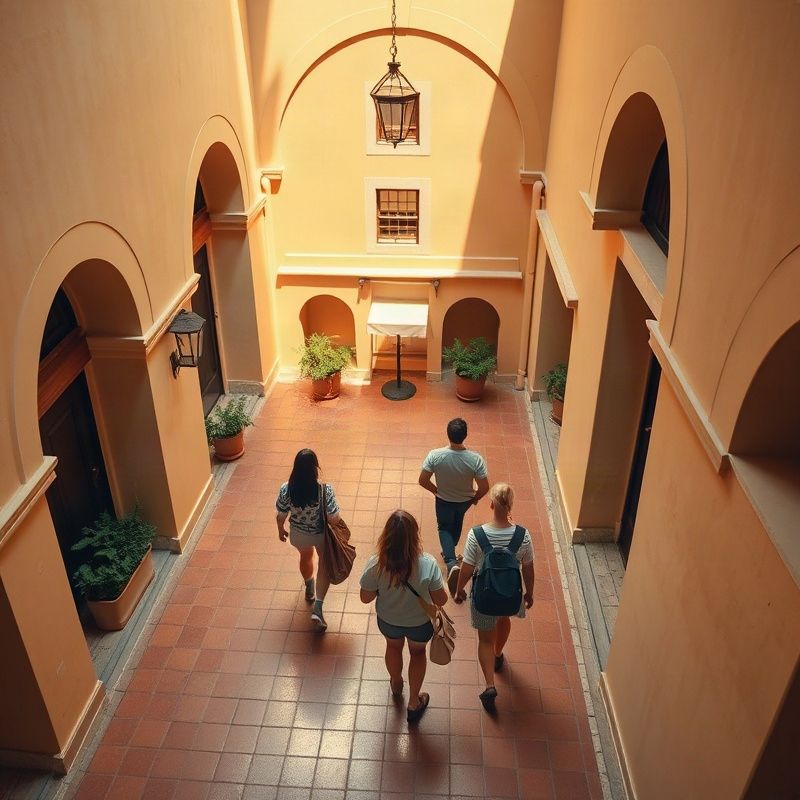 Vue plongeante d'un petit groupe traversant un patio andalou ensoleillé aux carrelages terracotta