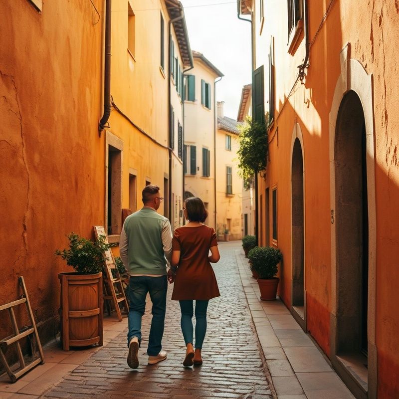 Ruelle pavée d'un village toscan baignée d'une lumière chaude d'après-midi