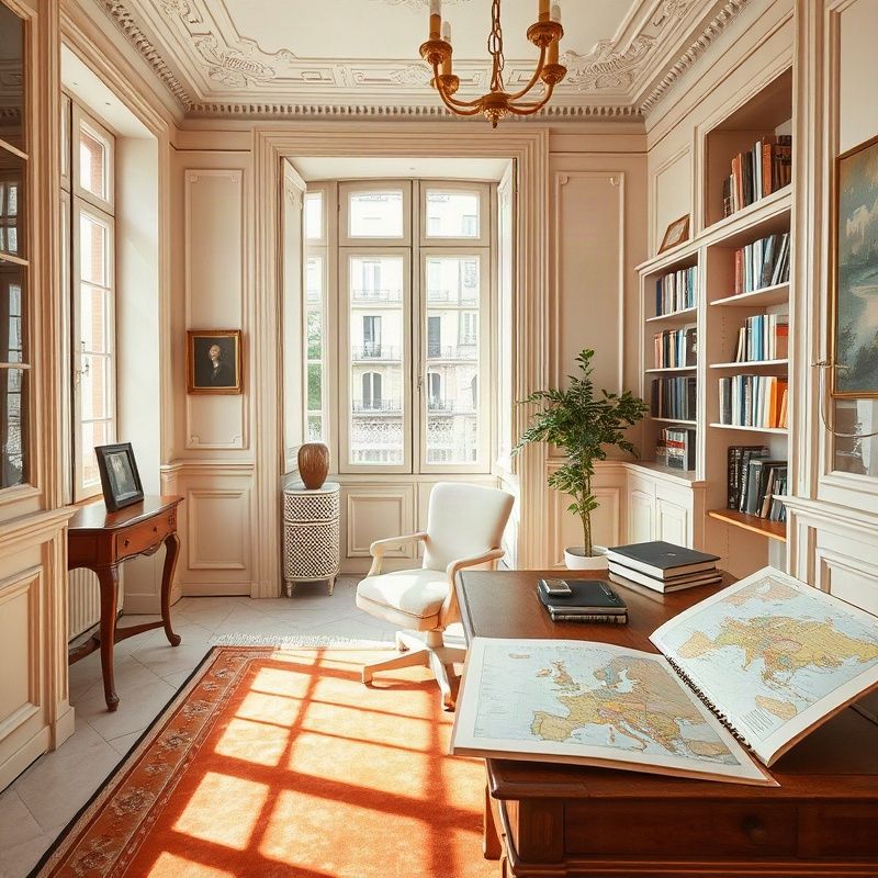 Intérieur haussmannien lumineux avec bureau en bois et atlas de voyage ouvert