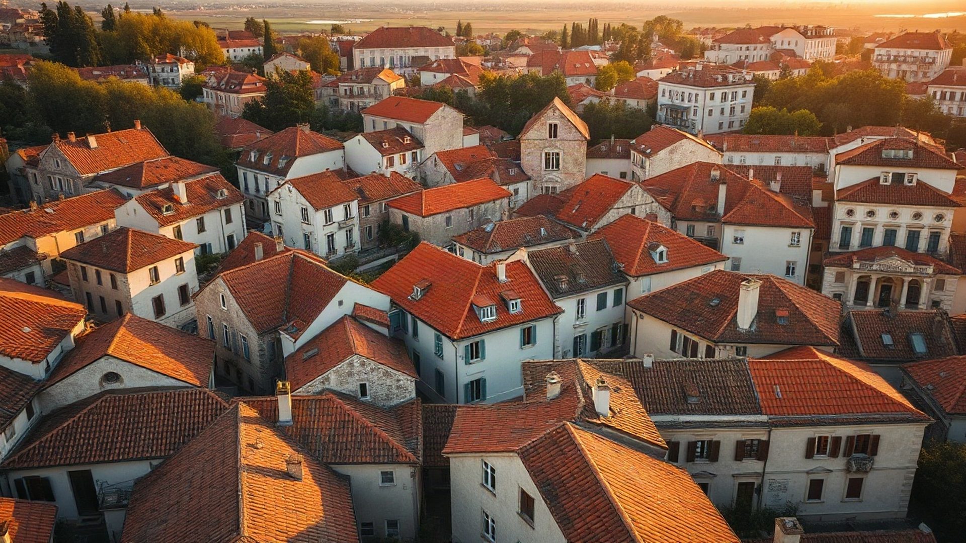 Village européen aux toits de terre cuite baigné par la lumière dorée du soir